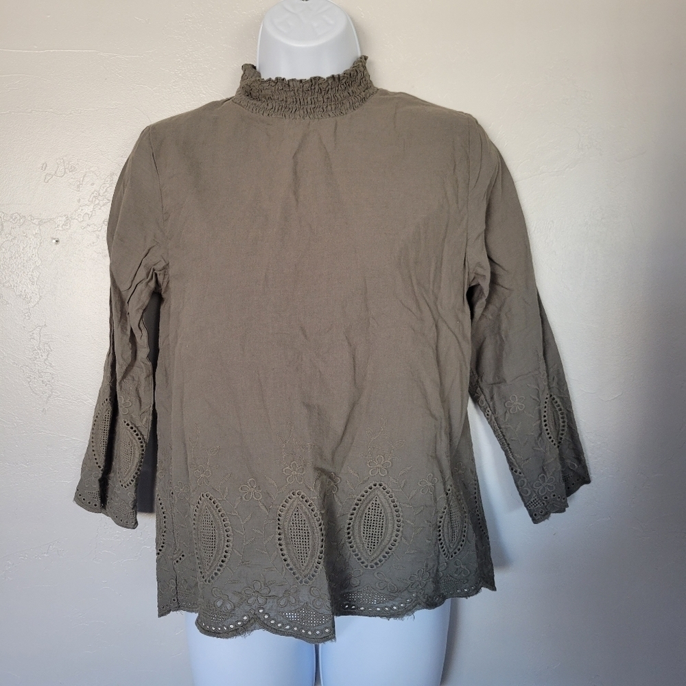 Roolee Small Olive Green Mockneck Blouse Quarter Sleeve Keyhole Embroidery Boho